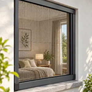 Plissee-Insektenschutz in Anthrazit an einem Fenster &ndash; Blick ins Schlafzimmer
