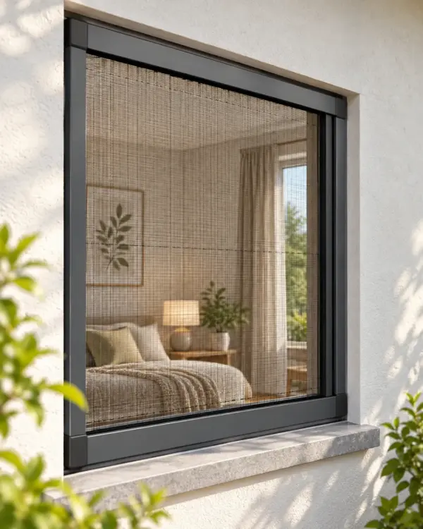 Plissee-Insektenschutz in Anthrazit an einem Fenster – Blick ins Schlafzimmer
